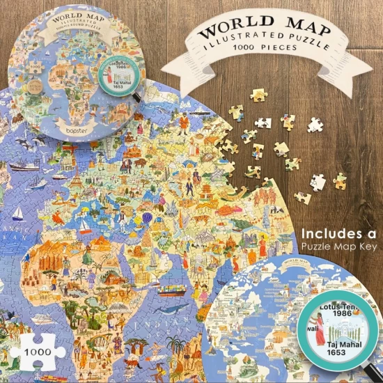 Puzzle rotund -  Harta Ilustrata a Lumii, 1000 de piese, Boppi