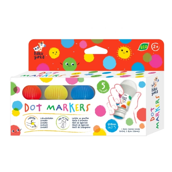 Set 5 carioci lavabile Dot Markers - culori clasice, Haku Yoka Set 5 carioci lavabile Dot Markers - culori clasice, Haku Yoka