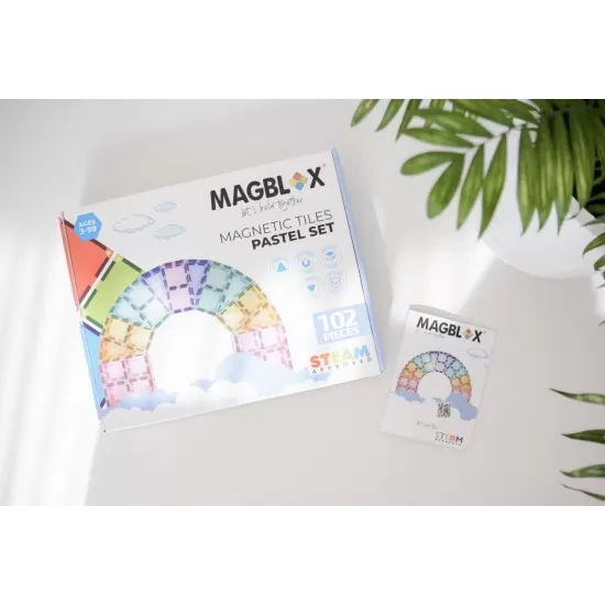 Set magnetic Magblox 102 piese magnetice de constructie Pastel transparente Set magnetic Magblox 102 piese magnetice de constructie Pastel transparente