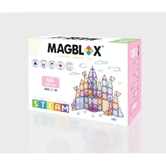 Set magnetic Magblox - 66 piese magnetice de constructie Pastel transparente Set magnetic Magblox - 66 piese magnetice de constructie Pastel transparente
