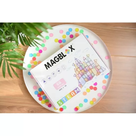 Set magnetic Magblox - 66 piese magnetice de constructie Pastel transparente Set magnetic Magblox - 66 piese magnetice de constructie Pastel transparente