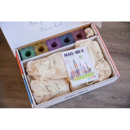 Set magnetic Magblox 98 piese, circuit cu bile Pastel, Magbrix Marble Run