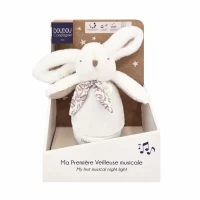 Veioza muzicala iepuras pufos, 16 cm, alb