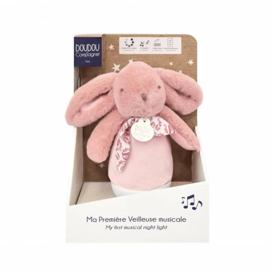 Veioza muzicala iepuras pufos, 16 cm, roz Veioza muzicala iepuras pufos, 16 cm, roz
