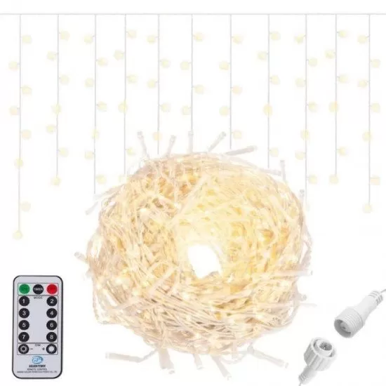 Instalatie luminoasa Craciun 500 leduri cu telecomanda, 23 m, 8 functii, exterior/interior, tip perdea de turturi alb cald Instalatie luminoasa Craciun 500 leduri cu telecomanda, 23 m, 8 functii, exterior/interior, tip perdea de turturi alb cald