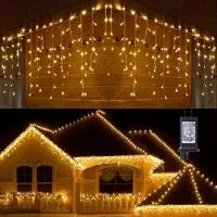 Instalatie luminoasa de Craciun 300 leduri,13 m, 8 functii, exterior/interior, tip perdea de turturi alb cald
