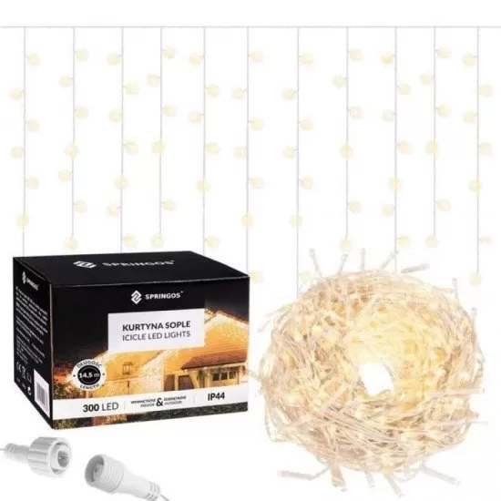Instalatie luminoasa de Craciun 300 leduri,13 m, 8 functii, exterior/interior, tip perdea de turturi alb cald Instalatie luminoasa de Craciun 300 leduri,13 m, 8 functii, exterior/interior, tip perdea de turturi alb cald