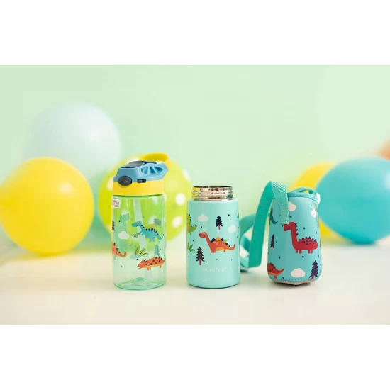 Set 3 in 1 recipient din tritan cu pai 500 ml, termos otel inoxidabil 350 ml, cu capac, maner, husa neopren si bretea transport Olmitos Dino