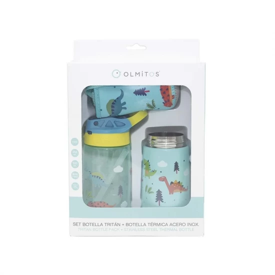 Set 3 in 1 recipient din tritan cu pai 500 ml, termos otel inoxidabil 350 ml, cu capac, maner, husa neopren si bretea transport Olmitos Dino