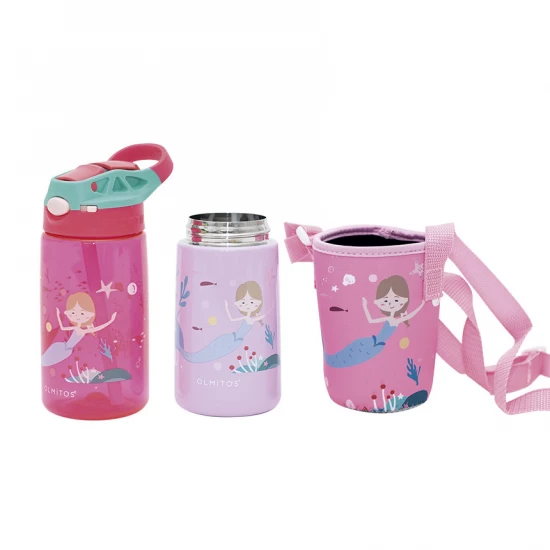 Set 3 in 1 recipient din tritan cu pai 500 ml, termos otel inoxidabil 350 ml, cu capac, maner, husa neopren si bretea transport Olmitos Mermaid Set 3 in 1 recipient din tritan cu pai 500 ml, termos otel inoxidabil 350 ml, cu capac, maner, husa neopren si bretea transport Olmitos Mermaid