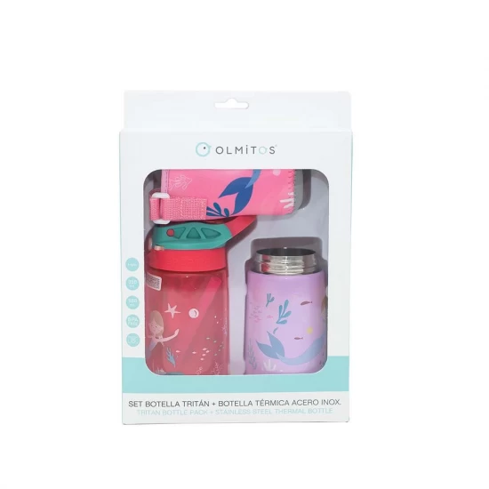 Set 3 in 1 recipient din tritan cu pai 500 ml, termos otel inoxidabil 350 ml, cu capac, maner, husa neopren si bretea transport Olmitos Mermaid Set 3 in 1 recipient din tritan cu pai 500 ml, termos otel inoxidabil 350 ml, cu capac, maner, husa neopren si bretea transport Olmitos Mermaid