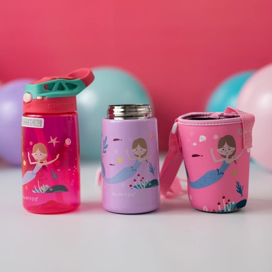 Set 3 in 1 recipient din tritan cu pai 500 ml, termos otel inoxidabil 350 ml, cu capac, maner, husa neopren si bretea transport Olmitos Mermaid Set 3 in 1 recipient din tritan cu pai 500 ml, termos otel inoxidabil 350 ml, cu capac, maner, husa neopren si bretea transport Olmitos Mermaid