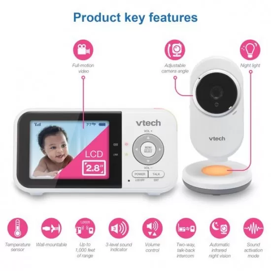 Videointerfon digital bidirectional Vtech 2.8 inch VM3254 cu lumina de veghe, melodii, infrarosu si termometru incorporat Videointerfon digital bidirectional Vtech 2.8 inch VM3254 cu lumina de veghe, melodii, infrarosu si termometru incorporat