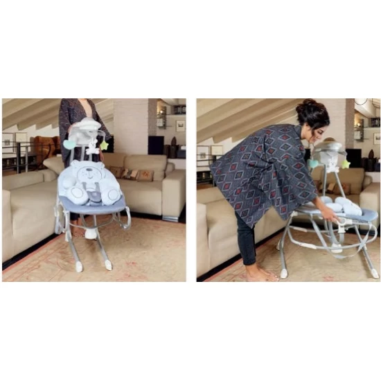 Balansoar si scaun 2 in 1 CAM cu melodii si sunete, 4 viteze pentru leganare bebe, proiector de lumina, Orso Grigio