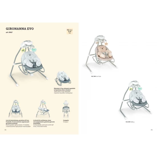 Balansoar si scaun 2 in 1 CAM cu melodii si sunete, 4 viteze pentru leganare bebe, proiector de lumina, Orso Grigio