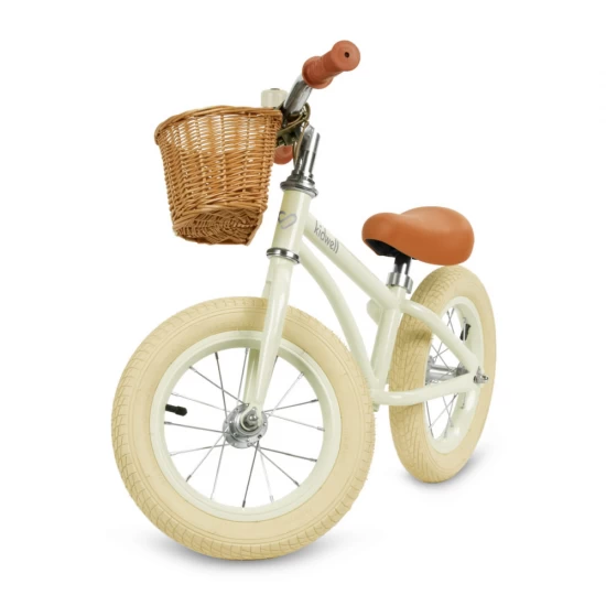 Bicicleta de echilibru fara pedale pentru copii, reglabila, roti de 12 inch, sonerie si cos, 3 ani+, Retro Classy Cream, Kidwell