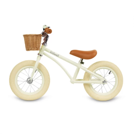 Bicicleta de echilibru fara pedale pentru copii, reglabila, roti de 12 inch, sonerie si cos, 3 ani+, Retro Classy Cream, Kidwell