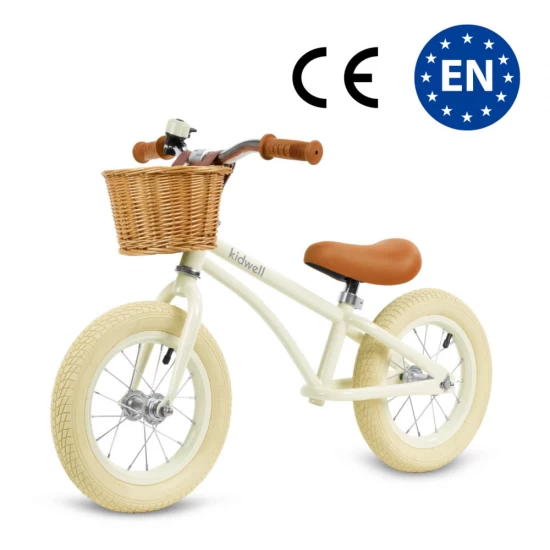 Bicicleta de echilibru fara pedale pentru copii, reglabila, roti de 12 inch, sonerie si cos, 3 ani+, Retro Classy Cream, Kidwell