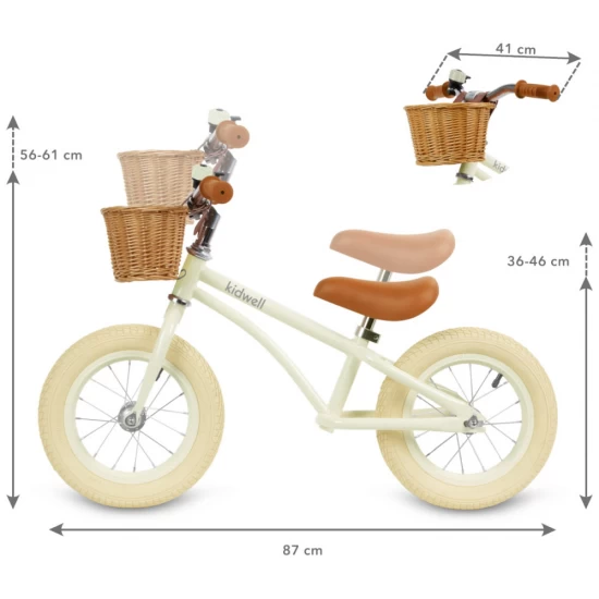 Bicicleta de echilibru fara pedale pentru copii, reglabila, roti de 12 inch, sonerie si cos, 3 ani+, Retro Classy Cream, Kidwell