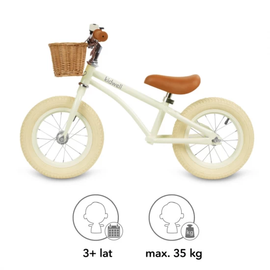 Bicicleta de echilibru fara pedale pentru copii, reglabila, roti de 12 inch, sonerie si cos, 3 ani+, Retro Classy Cream, Kidwell