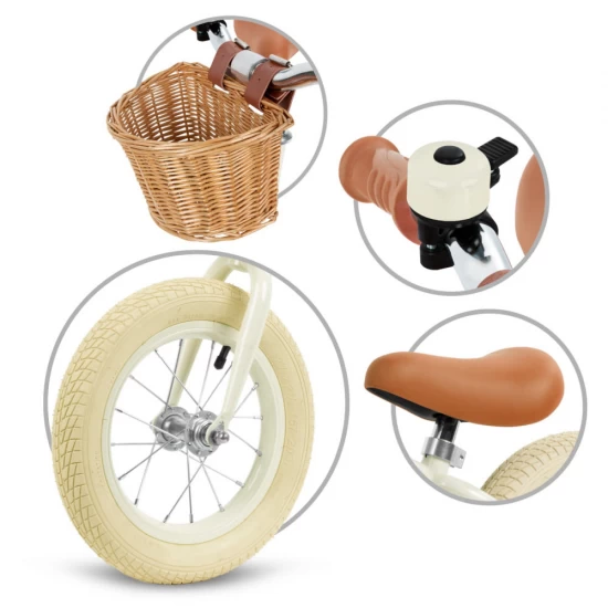 Bicicleta de echilibru fara pedale pentru copii, reglabila, roti de 12 inch, sonerie si cos, 3 ani+, Retro Classy Cream, Kidwell