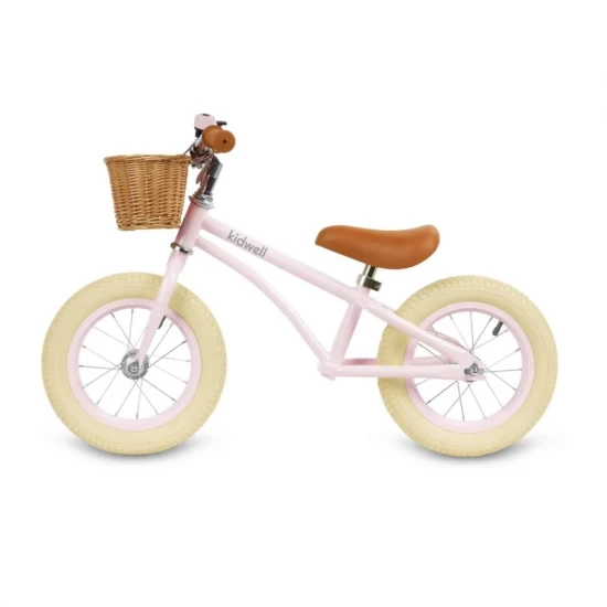 Bicicleta de echilibru fara pedale pentru copii, reglabila, roti de 12 inch, sonerie si cos, 3 ani+, Retro Classy Pink, Kidwell