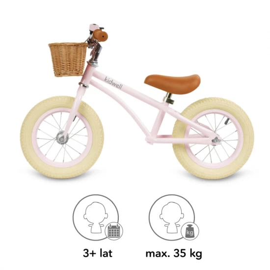 Bicicleta de echilibru fara pedale pentru copii, reglabila, roti de 12 inch, sonerie si cos, 3 ani+, Retro Classy Pink, Kidwell