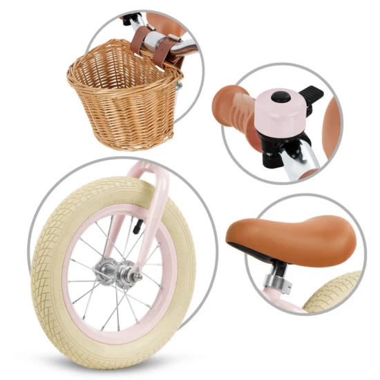 Bicicleta de echilibru fara pedale pentru copii, reglabila, roti de 12 inch, sonerie si cos, 3 ani+, Retro Classy Pink, Kidwell