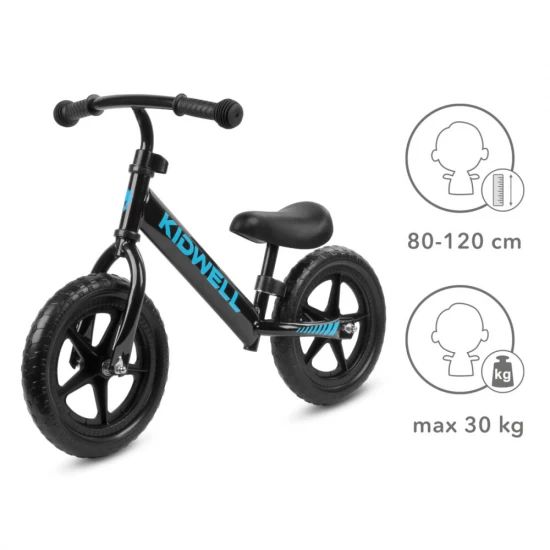 Bicicleta de echilibru fara pedale pentru copii, reglabila, roti late, Kidwell Rebel Black