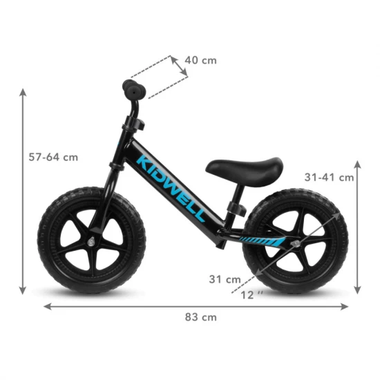 Bicicleta de echilibru fara pedale pentru copii, reglabila, roti late, Kidwell Rebel Black
