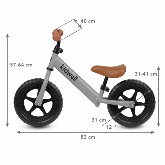Bicicleta de echilibru fara pedale pentru copii, reglabila, roti late, Kidwell Rebel Gray