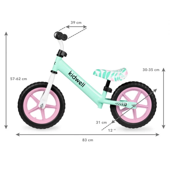 Bicicleta de echilibru fara pedale pentru copii, reglabila, roti late, Kidwell Rebel Mint