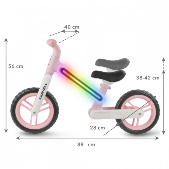 Bicicleta de echilibru fara pedale pentru copii, sa reglabila, cu lumini LED, roti Eva, 2 ani+, Suno Pink, Kidwell