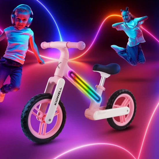 Bicicleta de echilibru fara pedale pentru copii, sa reglabila, cu lumini LED, roti Eva, 2 ani+, Suno Pink, Kidwell