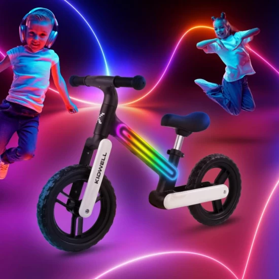 Bicicleta de echilibru fara pedale pentru copii, sa reglabila, cu lumini LED, roti Eva, 2 ani+, Suno Black White, Kidwell