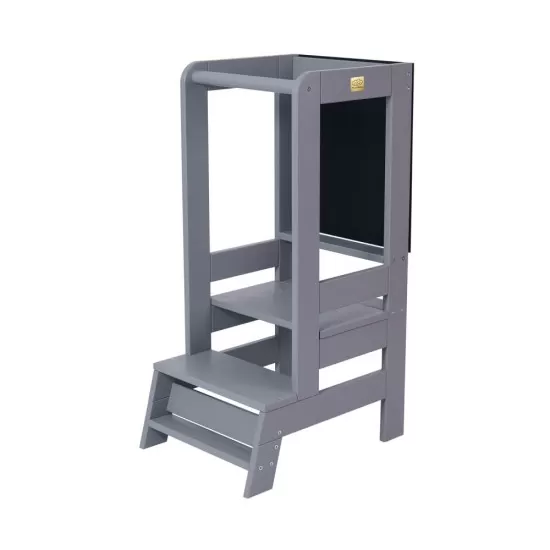Inaltator Learning Tower Ajustabil cu tabla de scris, Ajutor de bucatarie MeowBaby, lemn Gri inchis Inaltator Learning Tower Ajustabil cu tabla de scris, Ajutor de bucatarie MeowBaby, lemn Gri inchis