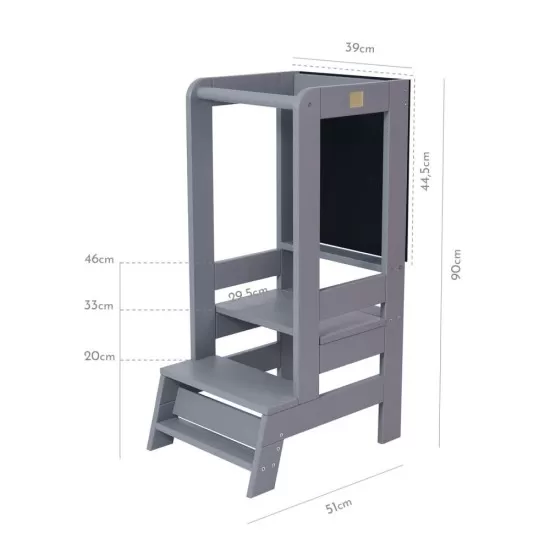 Inaltator Learning Tower Ajustabil cu tabla de scris, Ajutor de bucatarie MeowBaby, lemn Gri inchis Inaltator Learning Tower Ajustabil cu tabla de scris, Ajutor de bucatarie MeowBaby, lemn Gri inchis