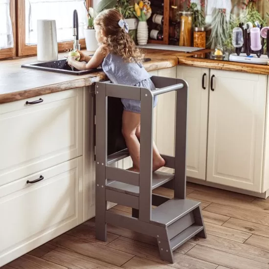 Inaltator Learning Tower Ajustabil cu tabla de scris, Ajutor de bucatarie MeowBaby, lemn Gri inchis Inaltator Learning Tower Ajustabil cu tabla de scris, Ajutor de bucatarie MeowBaby, lemn Gri inchis