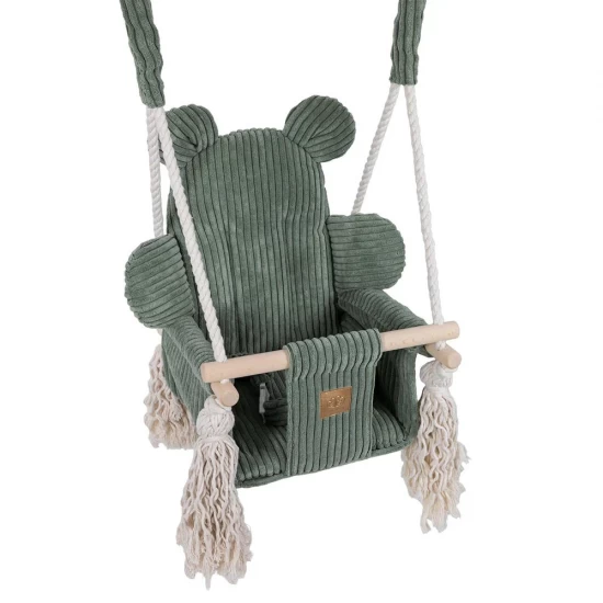 Leagan pentru copii si bebelusi, centuri de siguranta, Catifea reiata, perna ursulet Aesthetic Olive Green, MeowBaby