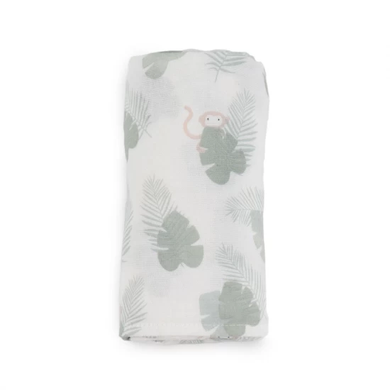 Muselina din bumbac si bambus, Scutec sau paturica multifunctionala, Monstera Monkey Hunter Mint, 120 x 120 cm