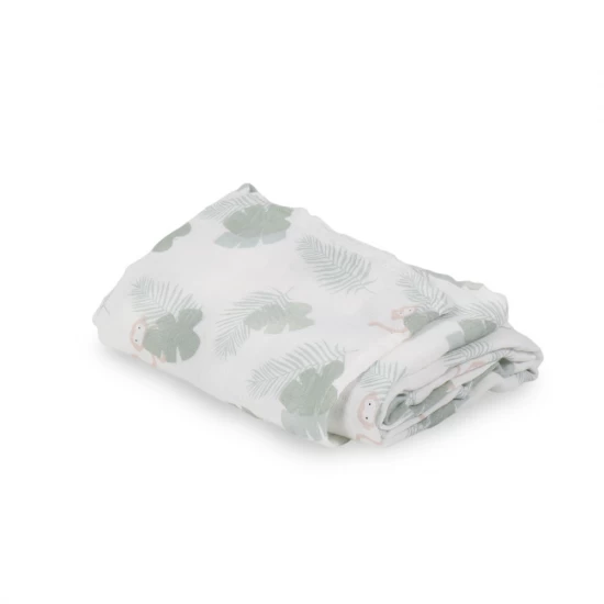 Muselina din bumbac si bambus, Scutec sau paturica multifunctionala, Monstera Monkey Hunter Mint, 120 x 120 cm