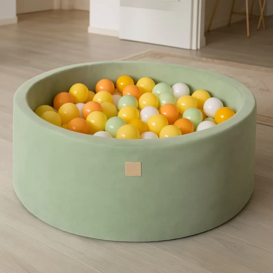 Piscina cu bile rotunda MeowBaby Velvet Sage Olive 90x30 cm cu 200 bile alb/portocaliu/verde deschis/galben pastel