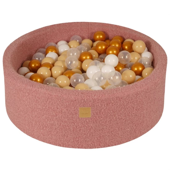 Piscina uscata cu 250 de bile 7cm (Auriu, Bej, Alb, Transparent) MeowBaby, tesatura bucle, 90x30 cm, Teddy Roz