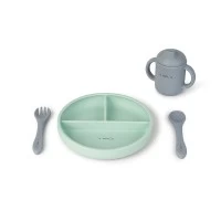 Set diversificare bebelusi, silicon alimentar premium, 4 piese, farfurie sectionata, lingurita, furculita, cana, Food and Fun, Mint