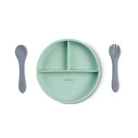 Set diversificare bebelusi, silicon alimentar premium, 4 piese, farfurie sectionata, lingurita, furculita, cana, Food and Fun, Mint