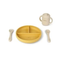 Set diversificare bebelusi, silicon alimentar premium, 4 piese, farfurie sectionata, lingurita, furculita, cana Food and Fun, Mustard