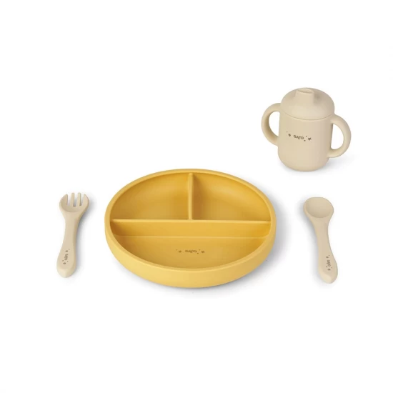 Set diversificare bebelusi, silicon alimentar premium, 4 piese, farfurie sectionata, lingurita, furculita, cana Food and Fun, Mustard