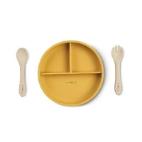 Set diversificare bebelusi, silicon alimentar premium, 4 piese, farfurie sectionata, lingurita, furculita, cana Food and Fun, Mustard