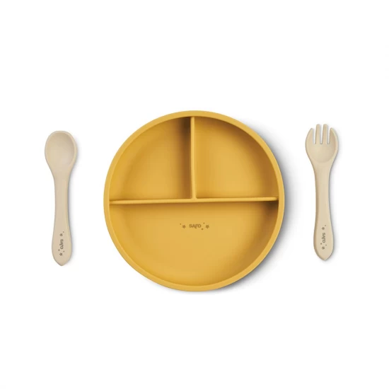 Set diversificare bebelusi, silicon alimentar premium, 4 piese, farfurie sectionata, lingurita, furculita, cana Food and Fun, Mustard