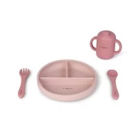 Set diversificare bebelusi, silicon alimentar premium, 4 piese , farfurie sectionata, lingurita, furculita, cana, Food and Fun, Pink